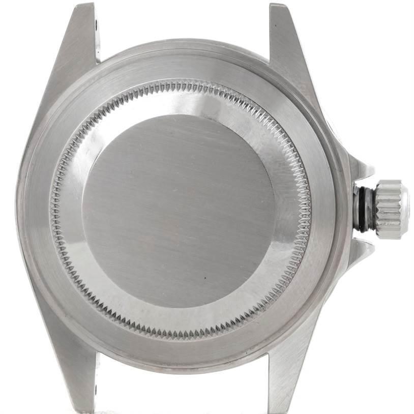 This image shows the back case and crown of a Rolex Submariner 14060 Men
s Stainless Steel Black Dial 14060 Men
s Stainless Steel Black Dial watch from a top-down angle.