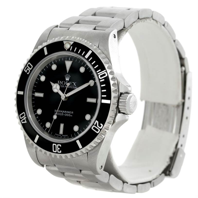 The image shows a Rolex Submariner 14060 Men
s Stainless Steel Black Dial 14060 Men
s Stainless Steel Black Dial watch from an oblique angle highlighting the dial, bezel, and part of the bracelet.