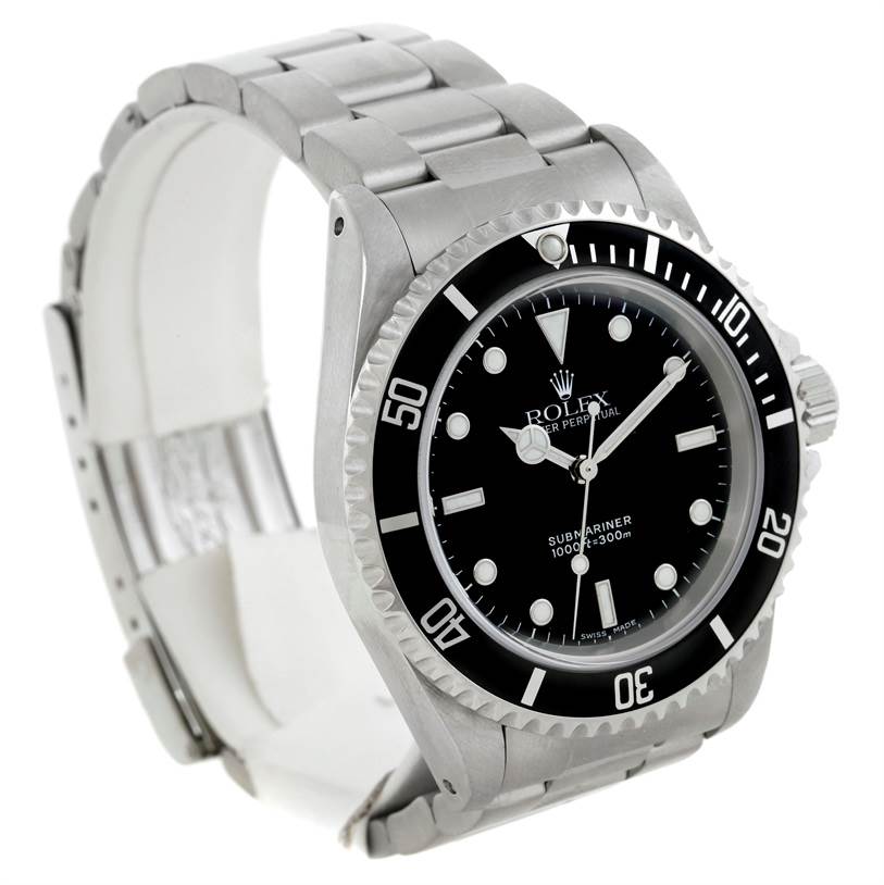 The image shows a Rolex Submariner 14060 Men
s Stainless Steel Black Dial 14060 Men
s Stainless Steel Black Dial watch angled to display the face, bezel, and part of the bracelet band.