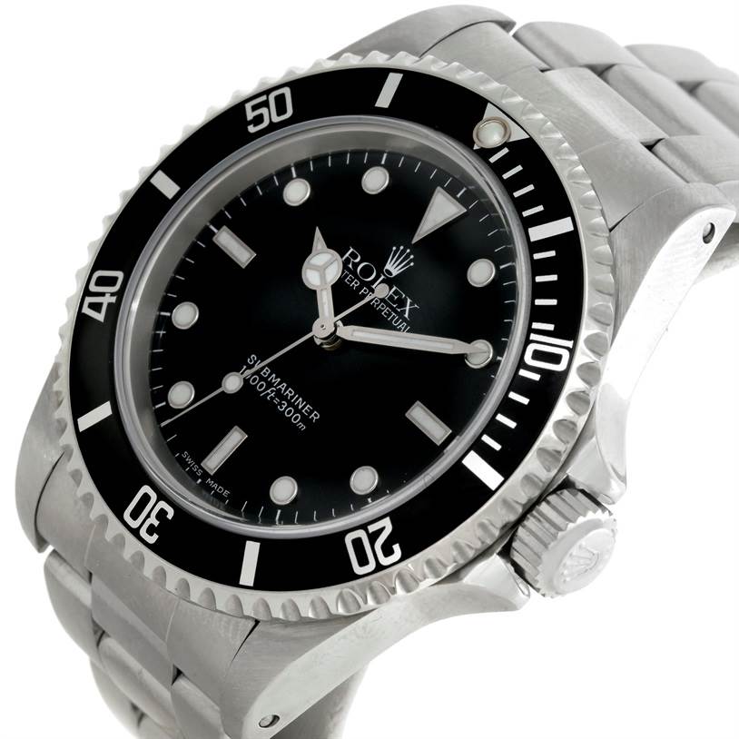 This image shows the face, bezel, and bracelet of a Rolex Submariner 14060 Men
s Stainless Steel Black Dial 14060 Men
s Stainless Steel Black Dial watch from a slightly angled view.