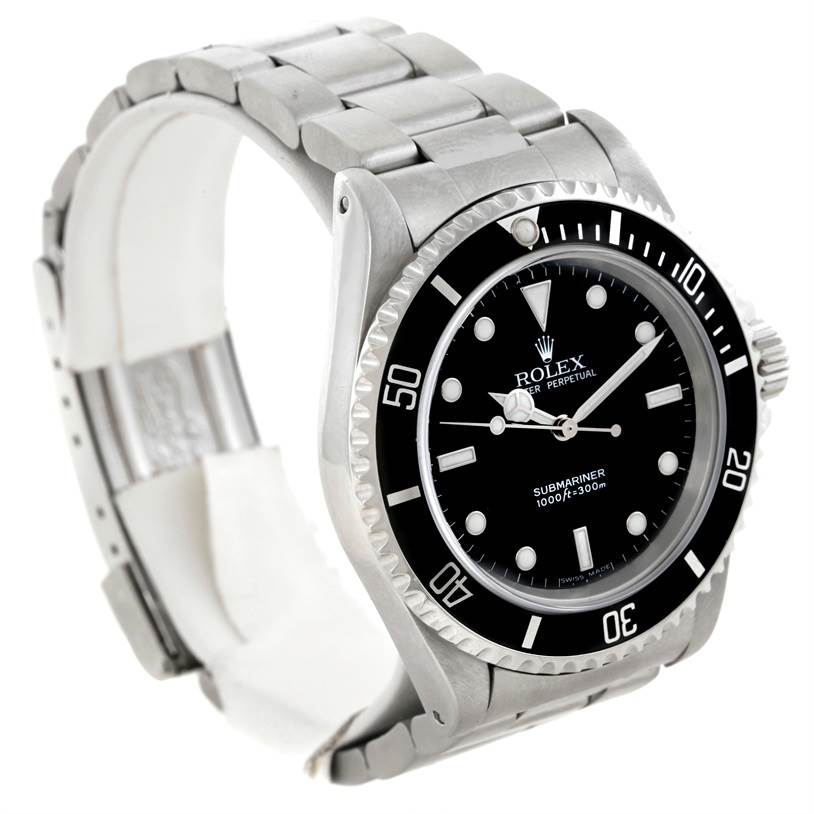 The image shows a Rolex Submariner 14060M Men
s Stainless Steel Black Dial 14060M Men
s Stainless Steel Black Dial watch from a left angle, displaying the face, bezel, and part of the bracelet.