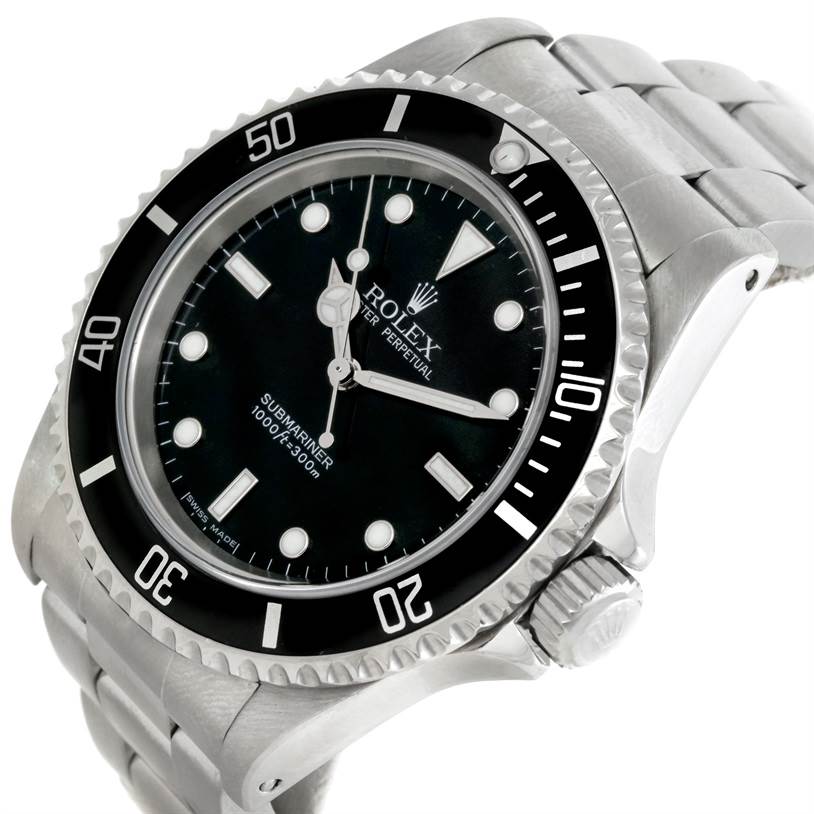 This image shows a close-up angle of a Rolex Submariner 14060M Men
s Stainless Steel Black Dial 14060M Men
s Stainless Steel Black Dial watch, highlighting the face, bezel, and part of the bracelet.