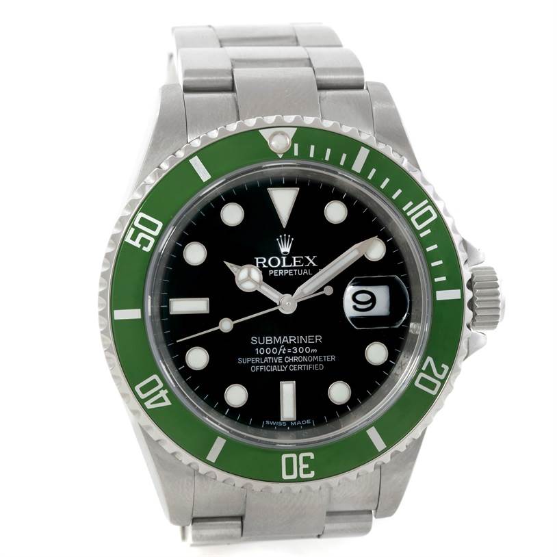 The image shows a front view of the Rolex Submariner 16610LV Men
s Stainless Steel Black Dial 16610LV Men
s Stainless Steel Black Dial watch, featuring its green bezel, black dial, and stainless steel bracelet.