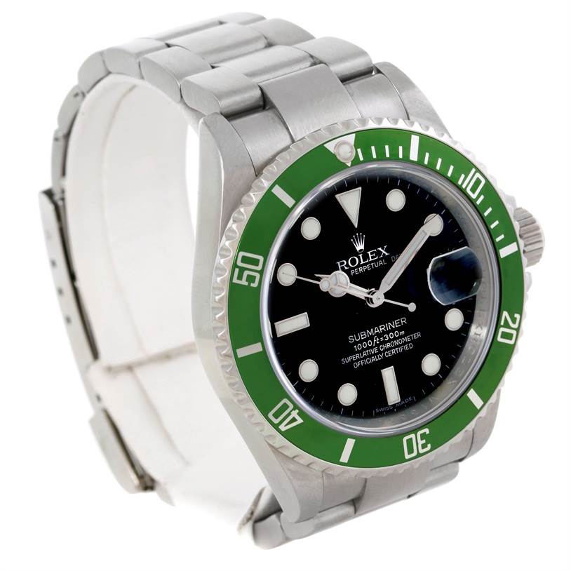 The Rolex Submariner 16610LV Men
s Stainless Steel Black Dial 16610LV Men
s Stainless Steel Black Dial is shown at an angle from the upper left, featuring its green bezel, black dial, and metal bracelet.