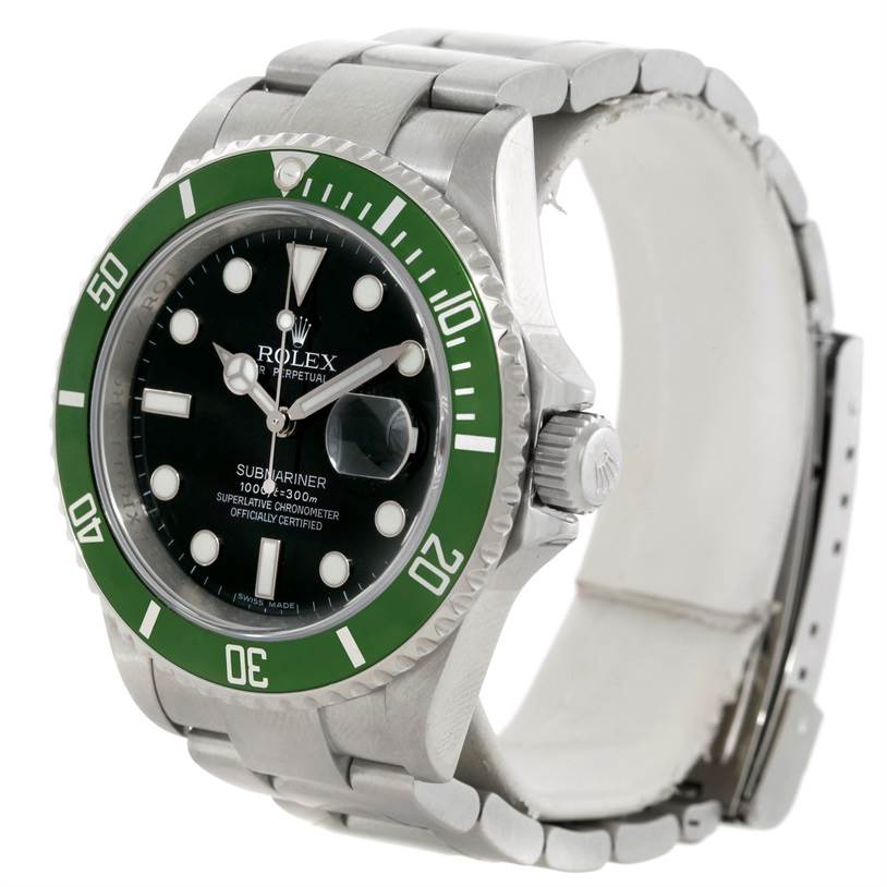 The Rolex Submariner 16610LV Men
s Stainless Steel Black Dial 16610LV Men
s Stainless Steel Black Dial watch is shown at an oblique angle, displaying the dial, bezel, crown, and part of the bracelet.