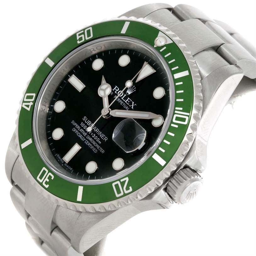 This image shows a side angle of a Rolex Submariner 16610LV Men
s Stainless Steel Black Dial 16610LV Men
s Stainless Steel Black Dial watch, highlighting the face, bezel, crown, and part of the bracelet.