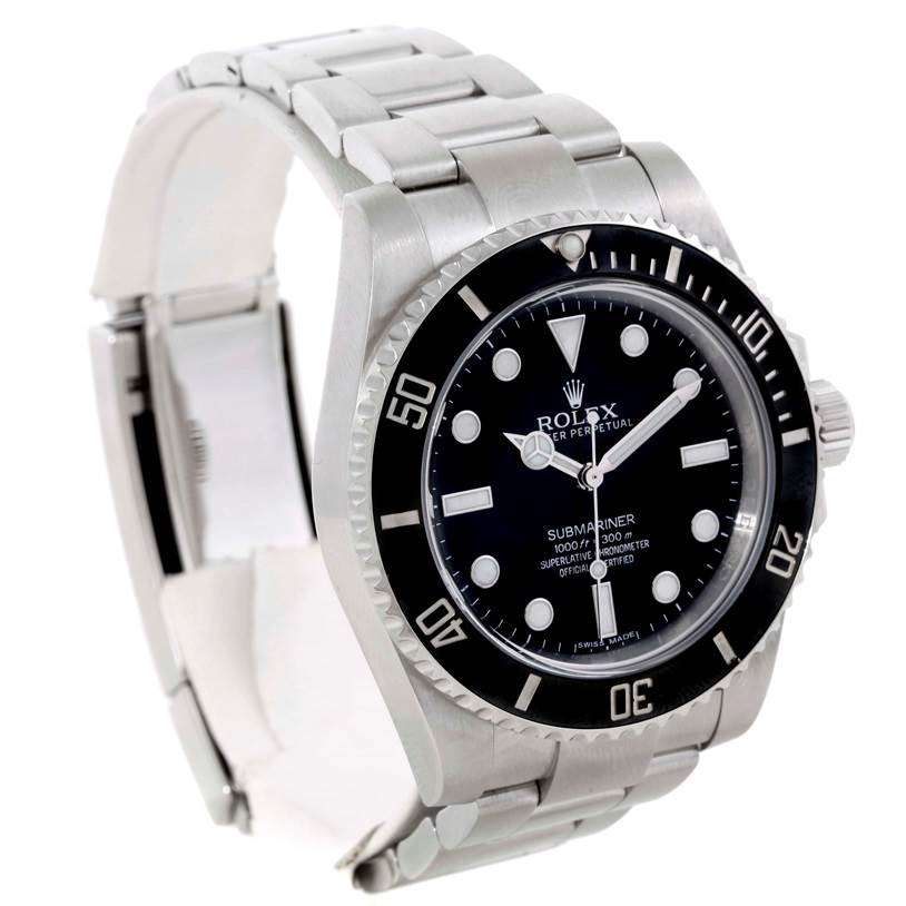 The image shows a Rolex Submariner 114060 Men
s Stainless Steel Black Dial 114060 Men
s Stainless Steel Black Dial watch at an angled view, highlighting the face, bezel, and bracelet.