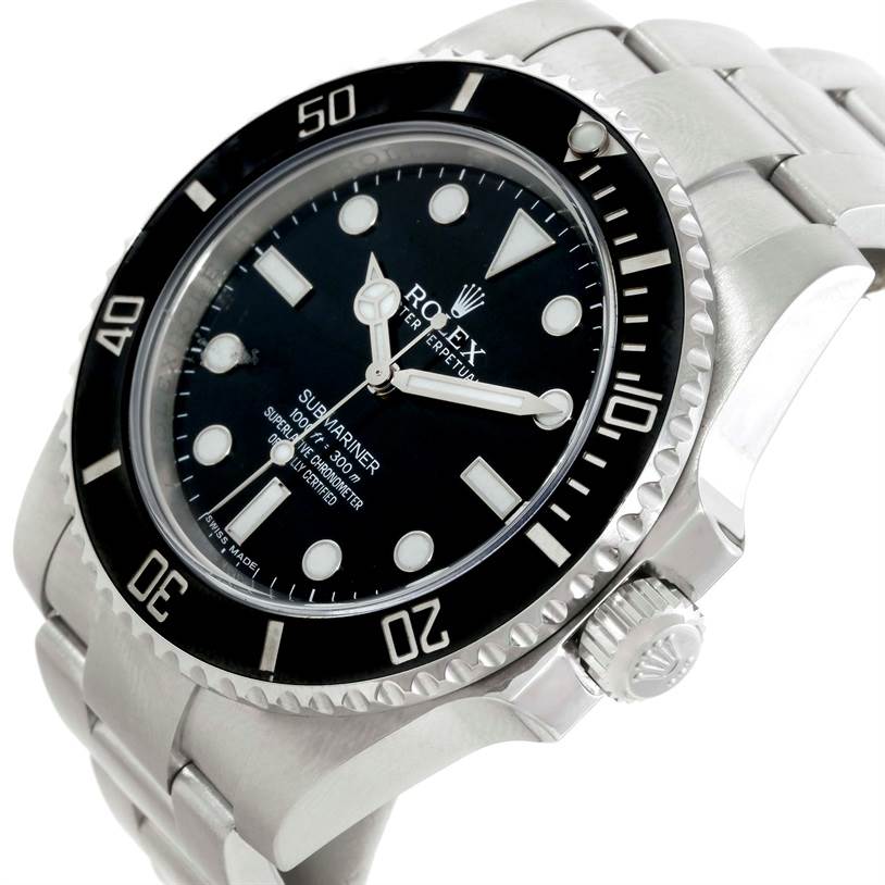 This image shows a close-up angle of a Rolex Submariner 114060 Men
s Stainless Steel Black Dial 114060 Men
s Stainless Steel Black Dial watch, displaying its dial, bezel, crown, and a portion of the bracelet.