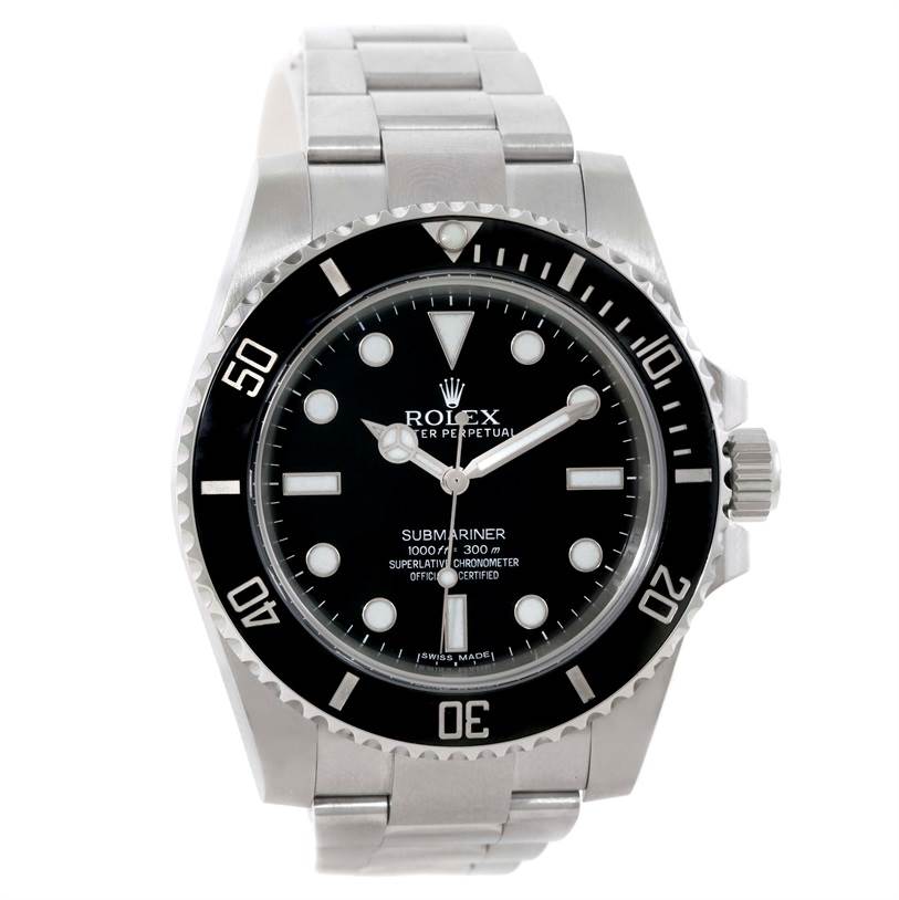 This image shows a front view of a Rolex Submariner 114060 Men
s Stainless Steel Black Dial 114060 Men
s Stainless Steel Black Dial watch, highlighting its black dial, bezel, and stainless steel bracelet.