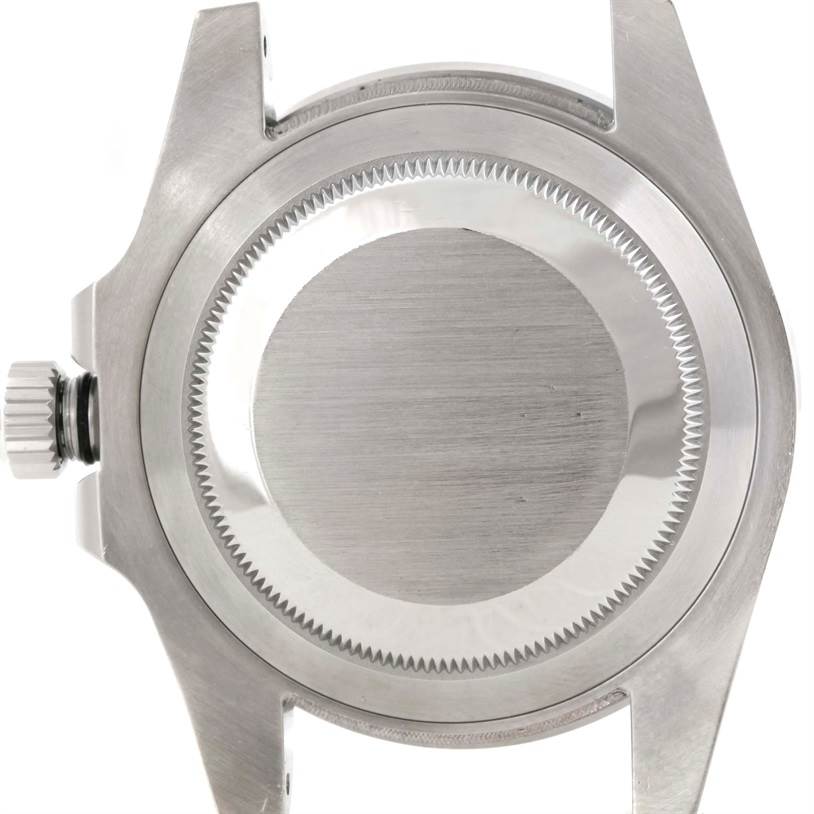 This image shows the back case of a Rolex Submariner 114060 Men
s Stainless Steel Black Dial 114060 Men
s Stainless Steel Black Dial watch, highlighting the crown and case back.