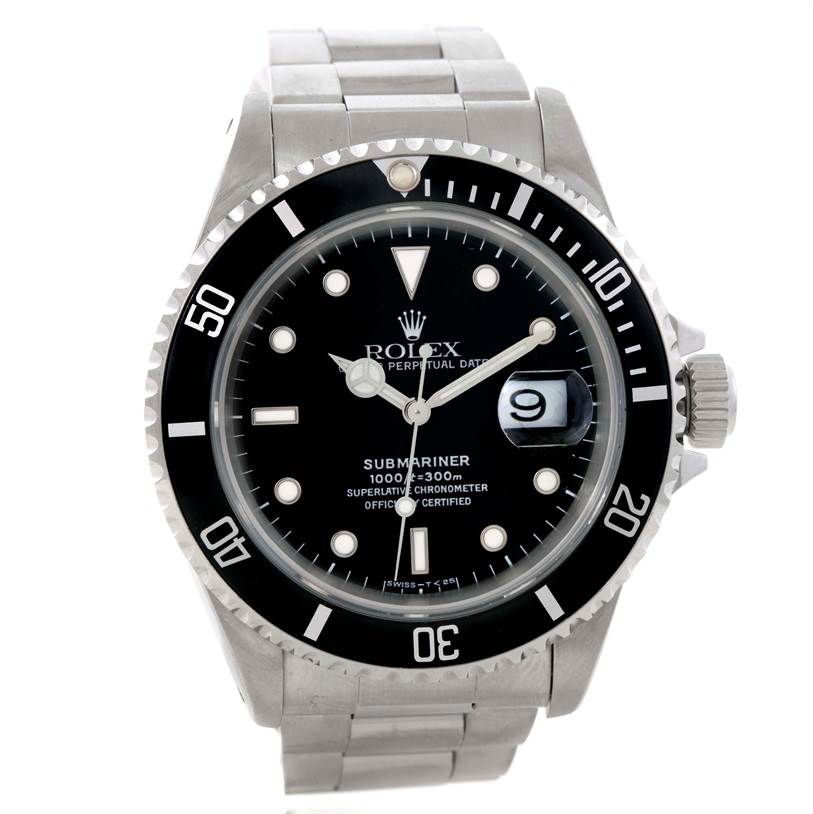 The image shows a front angle of a Rolex Submariner 16610 Men
s Stainless Steel Black Dial 16610 Men
s Stainless Steel Black Dial watch displaying the face, bezel, and part of the stainless steel bracelet.