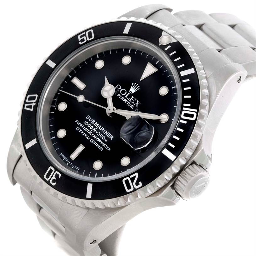 The Rolex Submariner 16610 Men
s Stainless Steel Black Dial 16610 Men
s Stainless Steel Black Dial watch is shown from an angled side view, displaying the bezel, dial, crown, and bracelet.