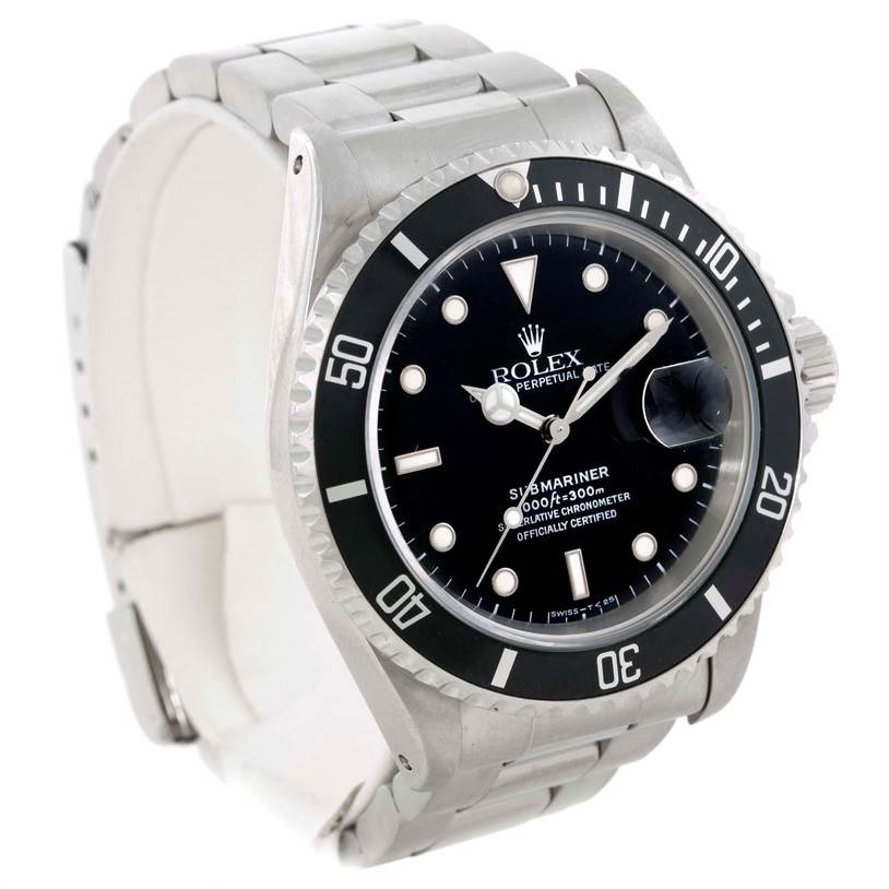 The image shows a front and side view of a Rolex Submariner 16610 Men
s Stainless Steel Black Dial 16610 Men
s Stainless Steel Black Dial watch, highlighting its bezel, dial, and bracelet.