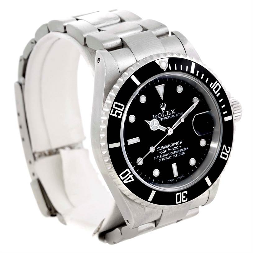 The Rolex Submariner 16610 Men
s Stainless Steel Black Dial 16610 Men
s Stainless Steel Black Dial watch is shown at an angle emphasizing the face, bezel, and part of the bracelet.