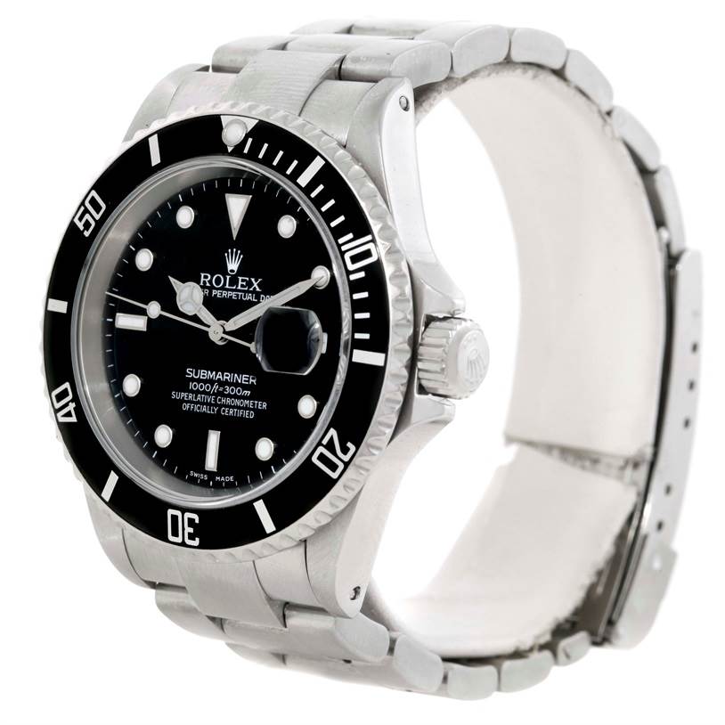 The image shows a side-angle view of a Rolex Submariner 16610 Men
s Stainless Steel Black Dial 16610 Men
s Stainless Steel Black Dial watch, highlighting the face, bezel, and part of the bracelet.