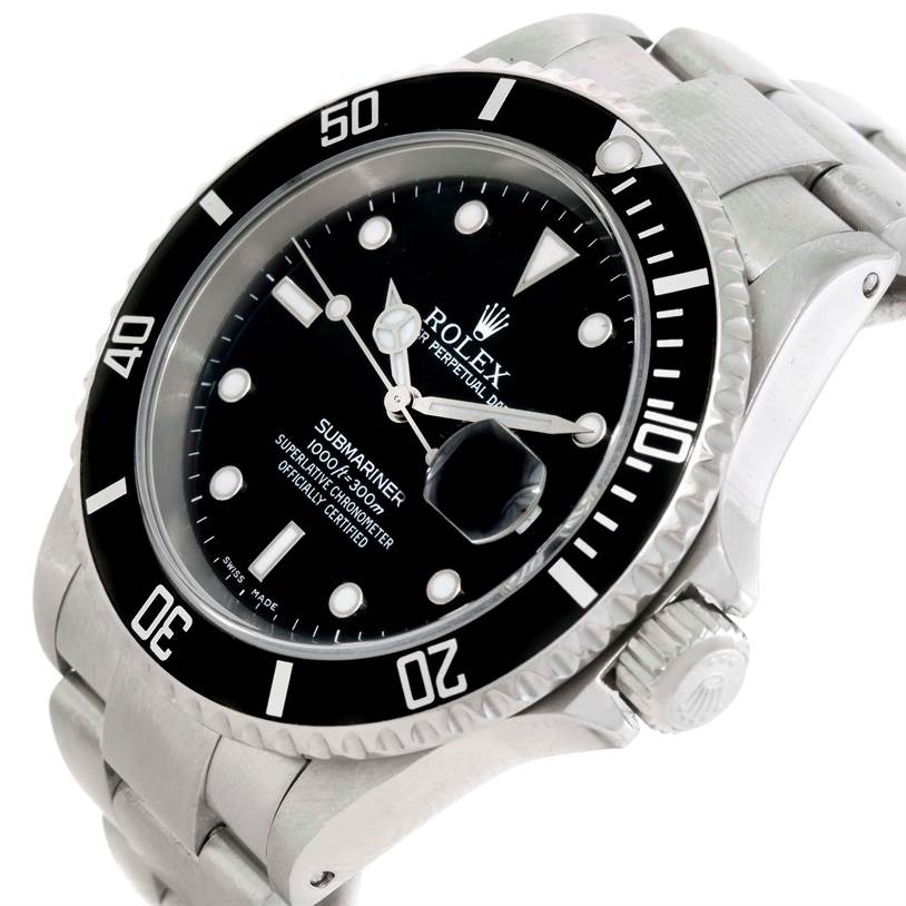 The image shows a Rolex Submariner 16610 Men
s Stainless Steel Black Dial 16610 Men
s Stainless Steel Black Dial watch at a slight angle, highlighting its black dial, bezel, and stainless steel bracelet.