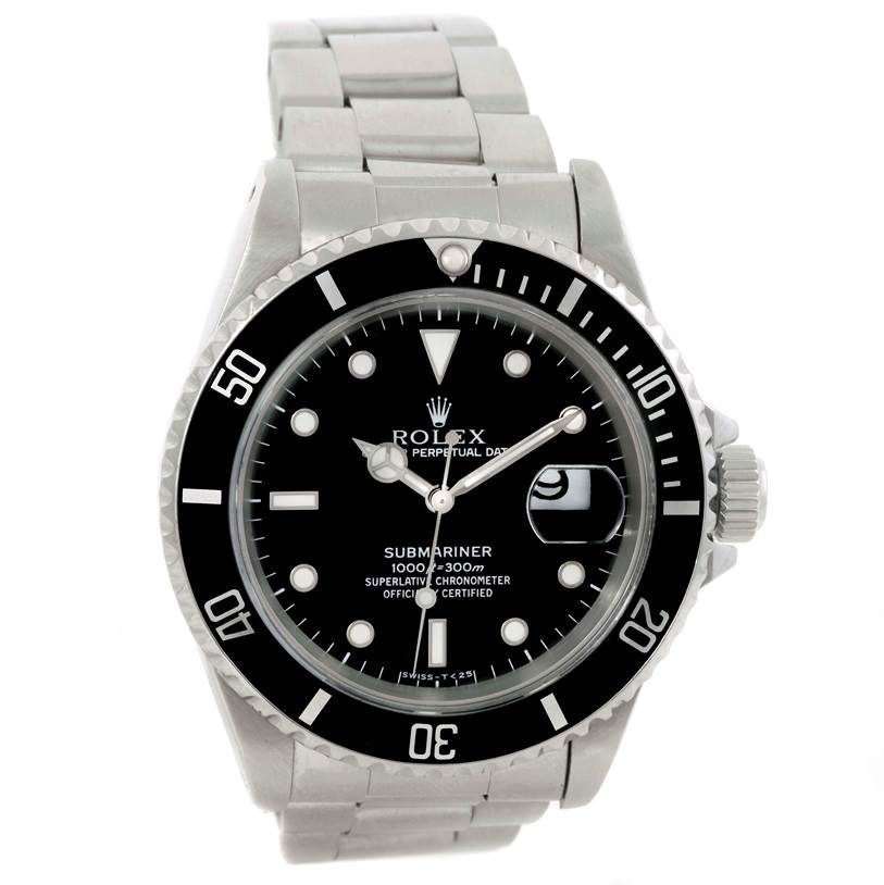 The image shows a front view of a Rolex Submariner 16610 Men
s Stainless Steel Black Dial 16610 Men
s Stainless Steel Black Dial watch, displaying the face, bezel, and part of the bracelet.