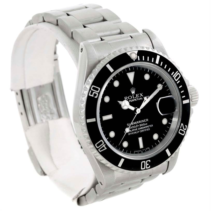 The image shows a Rolex Submariner 16610 Men
s Stainless Steel Black Dial 16610 Men
s Stainless Steel Black Dial watch from a front angle, highlighting its bracelet, bezel, dial, and crown.