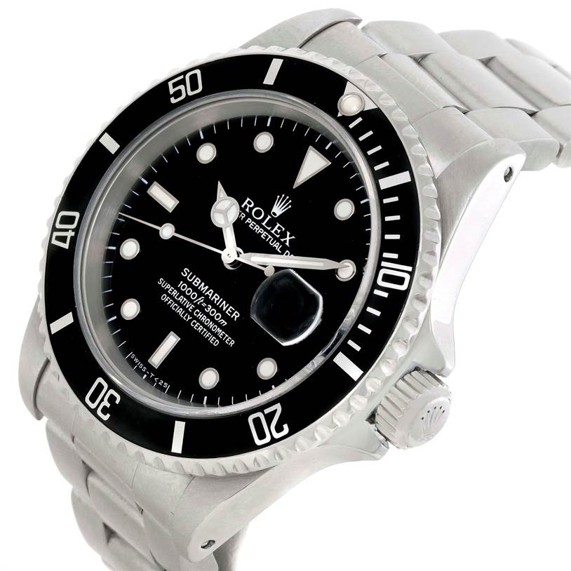 The image displays the Rolex Submariner 16610 Men
s Stainless Steel Black Dial 16610 Men
s Stainless Steel Black Dial watch from an angled side view, showing the face, bezel, crown, and part of the bracelet.
