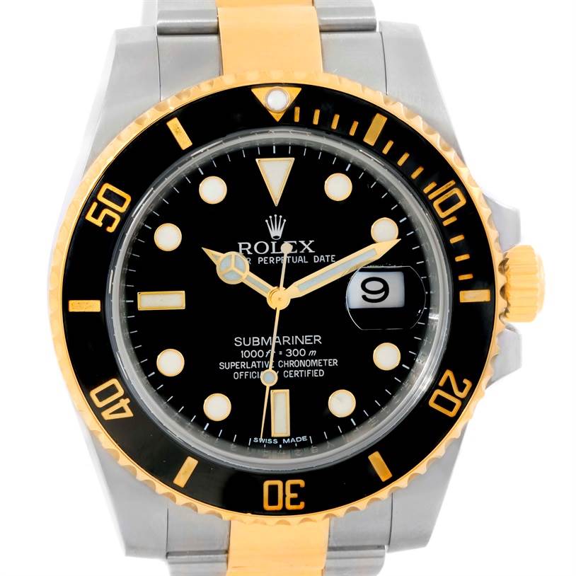 The image shows the front view of a Rolex Submariner 116613 Men's Steel and Gold (two tone) Black Dial 116613 Men's Steel and Gold (two tone) Black Dial watch, highlighting its dial, bezel, and bracelet.