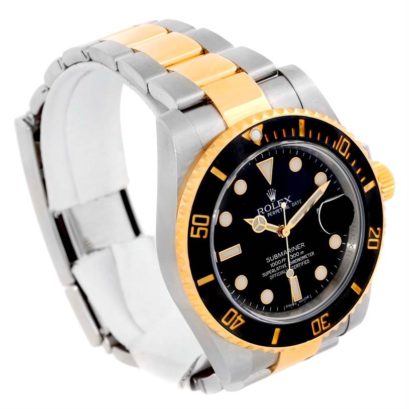 The image shows a Rolex Submariner 116613 Men's Steel and Gold (two tone) Black Dial 116613 Men's Steel and Gold (two tone) Black Dial watch at an oblique angle, focusing on the dial, bezel, and bracelet.