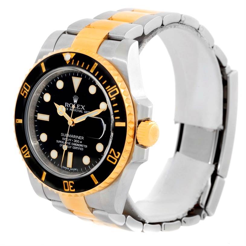 The Rolex Submariner 116613 Men's Steel and Gold (two tone) Black Dial 116613 Men's Steel and Gold (two tone) Black Dial watch is shown at a three-quarter angle, highlighting the dial, bezel, case, and bracelet.
