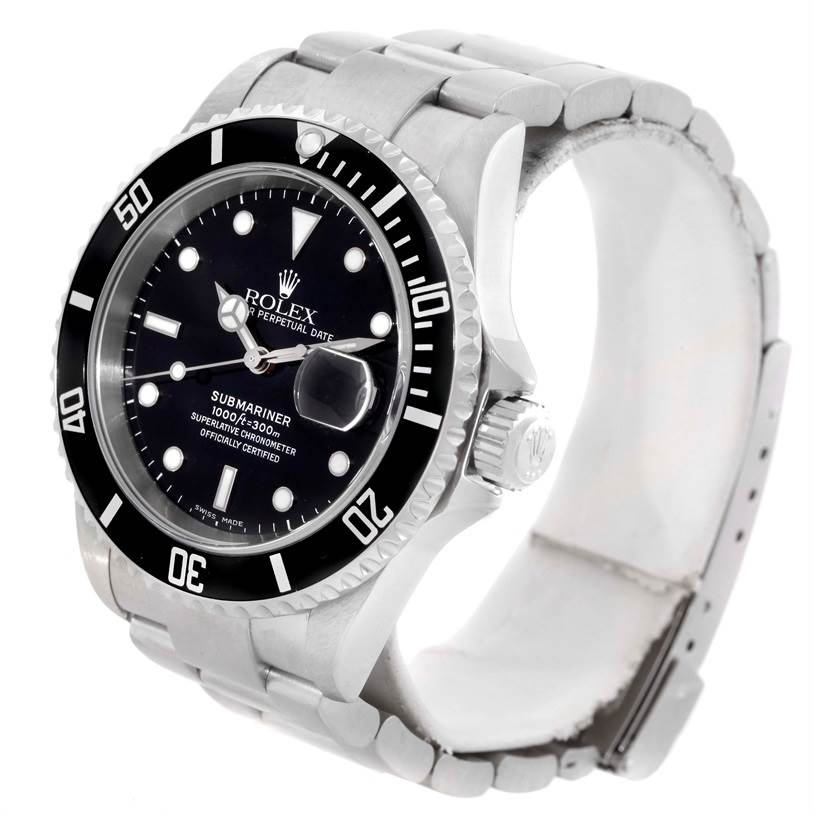 The image shows a Rolex Submariner 16610 Men
s Stainless Steel Black Dial 16610 Men
s Stainless Steel Black Dial watch at an angled side view, displaying the dial, bezel, crown, and part of the bracelet.