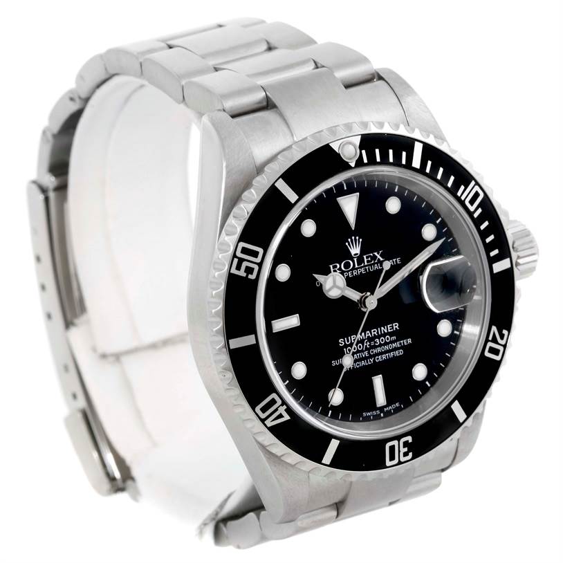 The image shows a Rolex Submariner 16610 Men
s Stainless Steel Black Dial 16610 Men
s Stainless Steel Black Dial watch angled from the front-left, displaying the dial, bezel, and part of the bracelet.