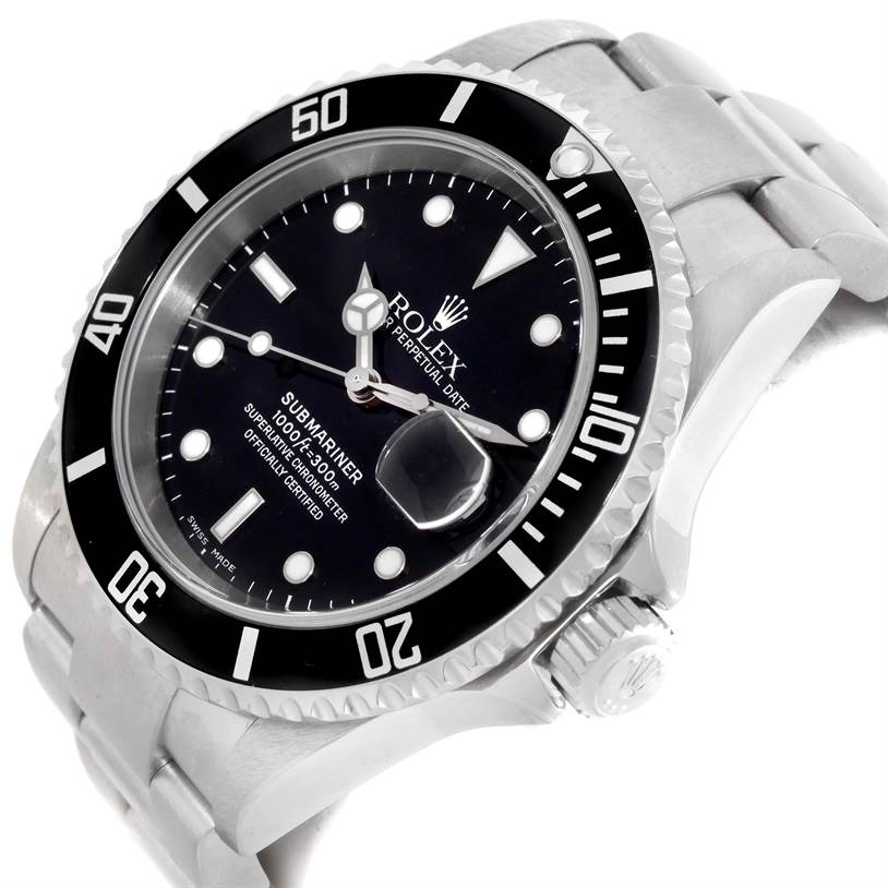 The Rolex Submariner 16610 Men
s Stainless Steel Black Dial 16610 Men
s Stainless Steel Black Dial watch is shown at an angle displaying its face, bezel, crown, and part of the bracelet.