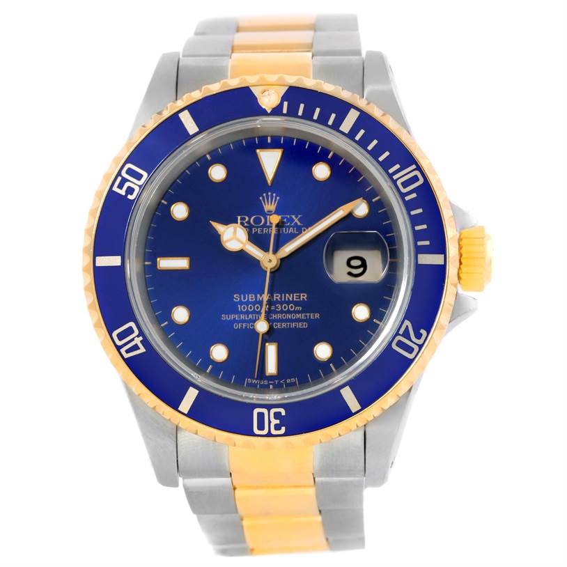 The image shows a Rolex Submariner 16613 Men's Steel and Gold (two tone) Blue Dial 16613 Men's Steel and Gold (two tone) Blue Dial watch from a front angle, displaying the face, bezel, and bracelet.