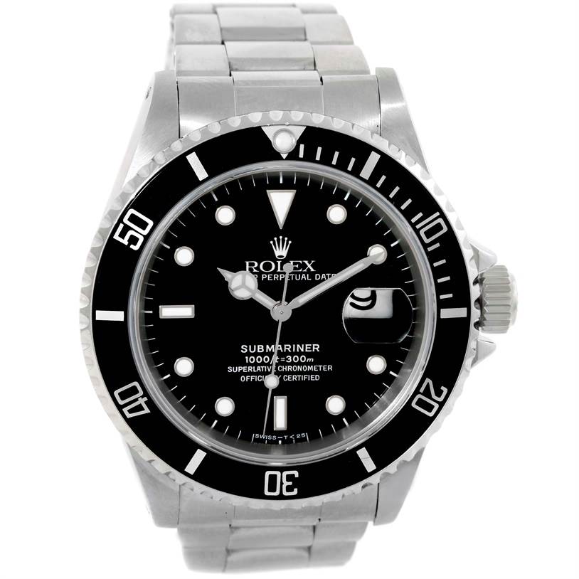 The image shows a front view of a Rolex Submariner 16610 Men
s Stainless Steel Black Dial 16610 Men
s Stainless Steel Black Dial watch, highlighting the dial, bezel, crown, and bracelet.