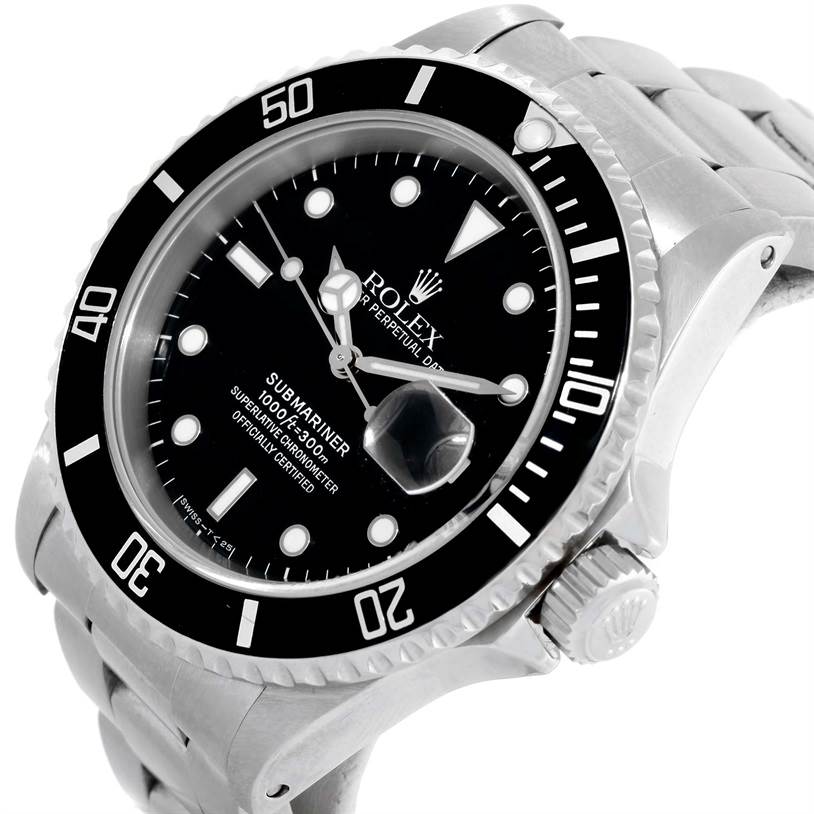 This image shows a close-up angle of a Rolex Submariner 16610 Men
s Stainless Steel Black Dial 16610 Men
s Stainless Steel Black Dial watch, highlighting the face, bezel, and part of the bracelet.