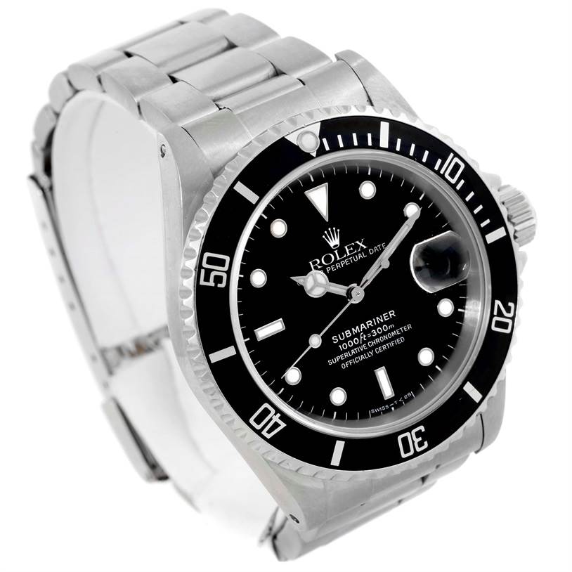 The Rolex Submariner 16610 Men
s Stainless Steel Black Dial 16610 Men
s Stainless Steel Black Dial watch is shown at a three-quarter angle, displaying its black dial, bezel, and stainless steel bracelet.