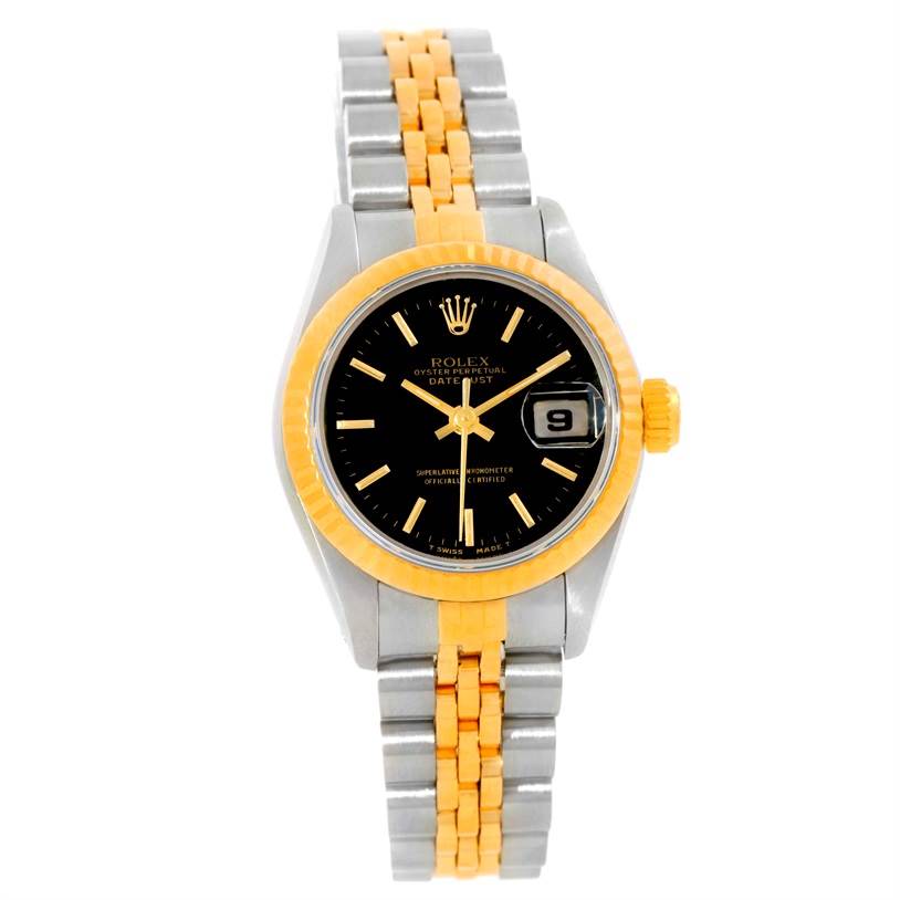 This image shows a frontal view of a Rolex Datejust 69173 Women's Stainless Steel Black Dial 69173 Women's Stainless Steel Black Dial watch, highlighting its dial, bezel, case, and two-tone bracelet.