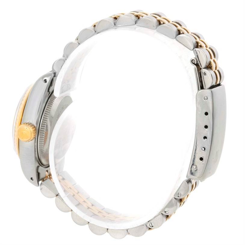 This image shows the side view of the Rolex Datejust 69173 Women's Stainless Steel Black Dial 69173 Women's Stainless Steel Black Dial watch, highlighting the case, crown, and bracelet.