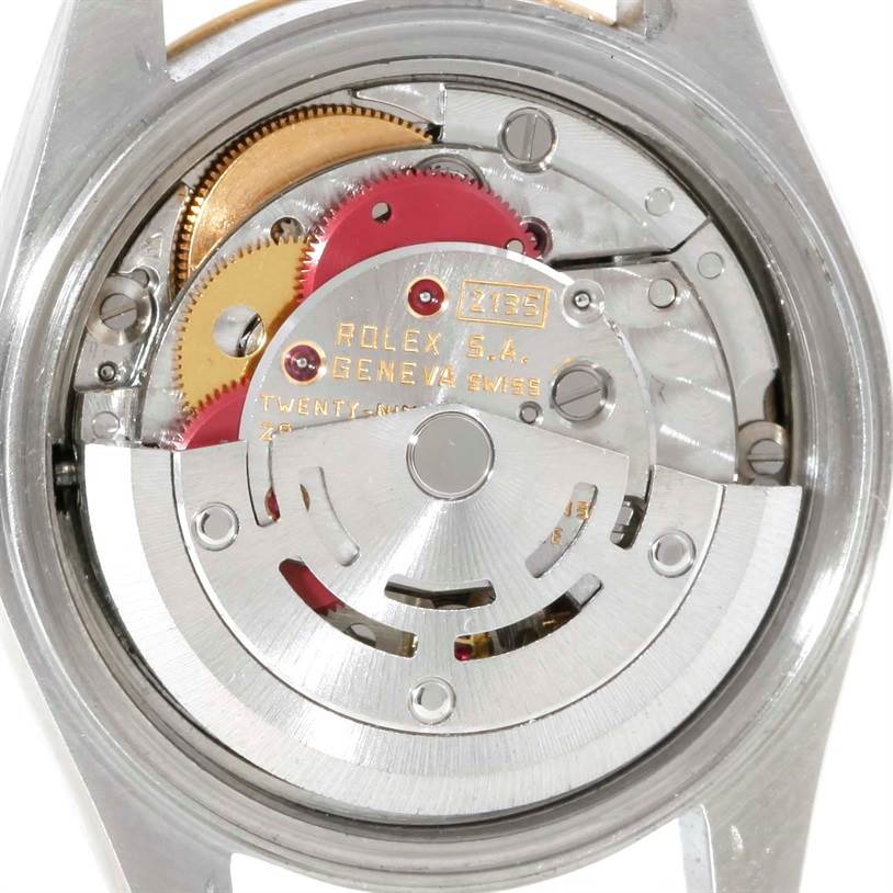 This image shows the movement mechanism of a Rolex Datejust 69173 Women's Stainless Steel Champagne Dial 69173 Women's Stainless Steel Champagne Dial watch from a rear angle with the case back removed.