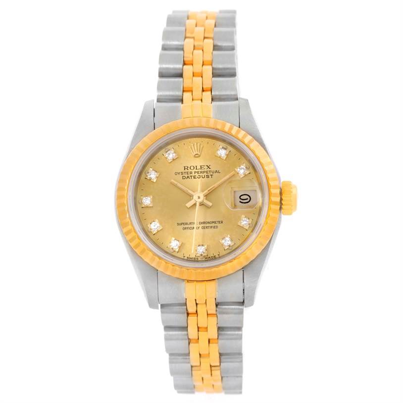 This image shows the front view of a Rolex Datejust 69173 Women's Stainless Steel Champagne Dial 69173 Women's Stainless Steel Champagne Dial watch, including its face, bezel, and part of the bracelet.