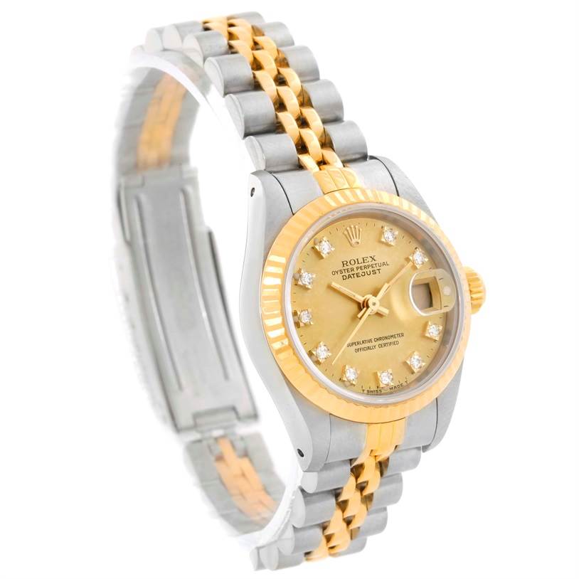 The image shows a side angle of a Rolex Datejust 69173 Women's Stainless Steel Champagne Dial 69173 Women's Stainless Steel Champagne Dial watch, highlighting its two-tone bracelet and gold bezel.