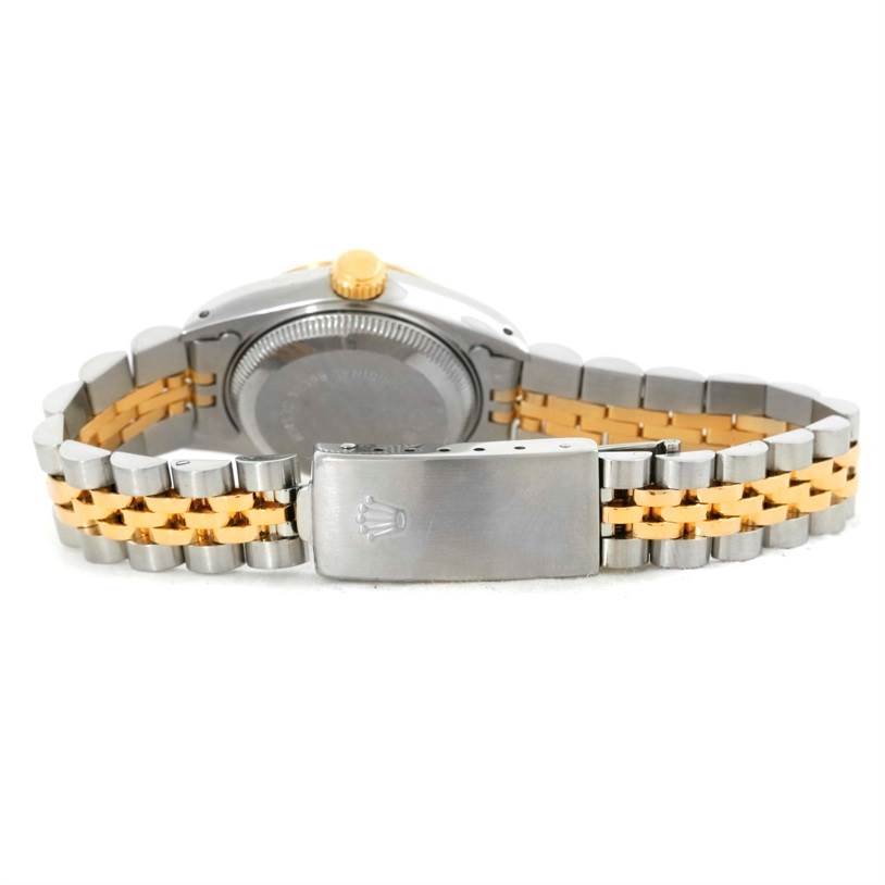 The image shows the back of a Rolex Datejust 69173 Women's Stainless Steel Champagne Dial 69173 Women's Stainless Steel Champagne Dial watch, including the case back, crown, and two-tone bracelet with clasp.