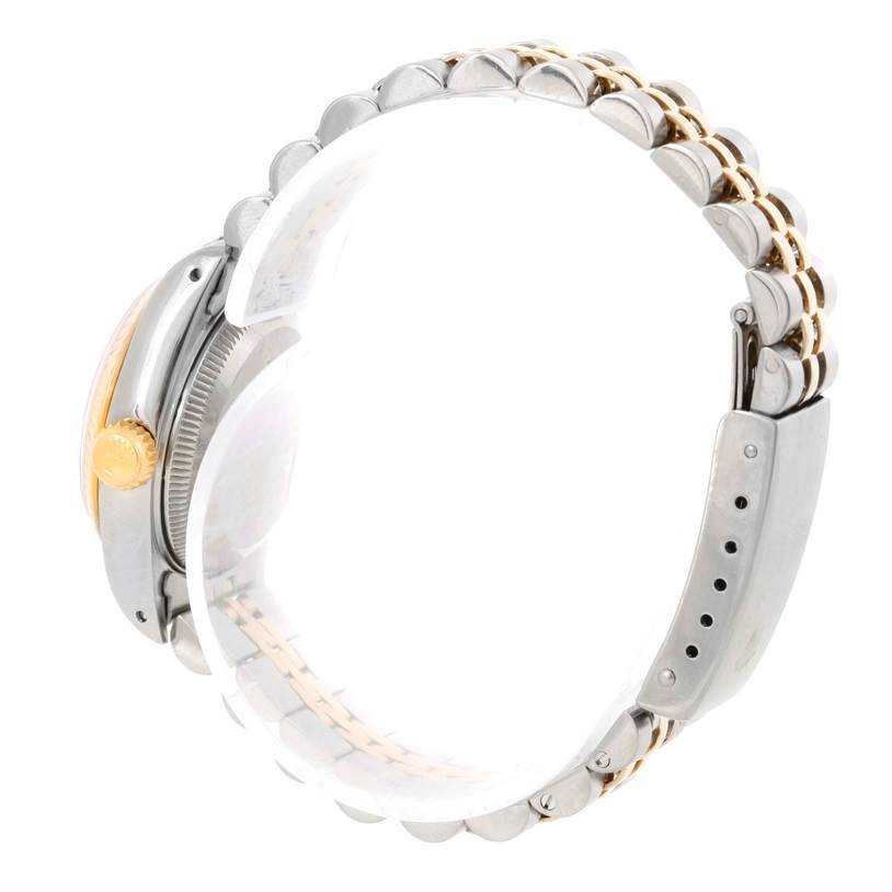 The image shows a side angle of a Rolex Datejust 69173 Women's Stainless Steel Champagne Dial 69173 Women's Stainless Steel Champagne Dial watch, highlighting the crown, case, and bracelet links.