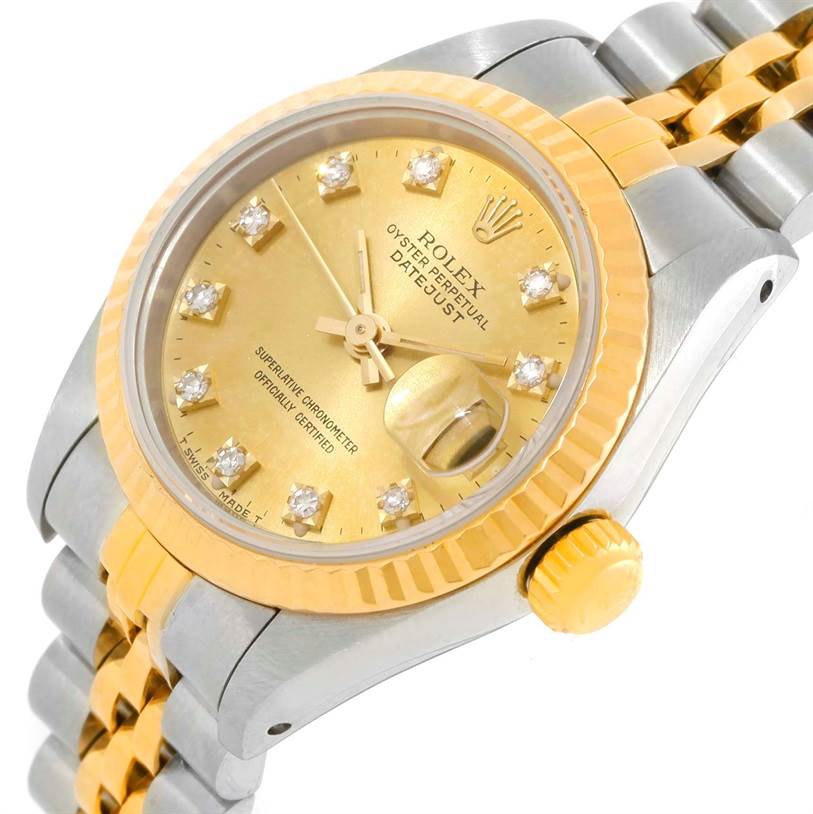This image shows a Rolex Datejust 69173 Women's Stainless Steel Champagne Dial 69173 Women's Stainless Steel Champagne Dial watch from an angled view, highlighting the dial, bezel, crown, and bracelet.