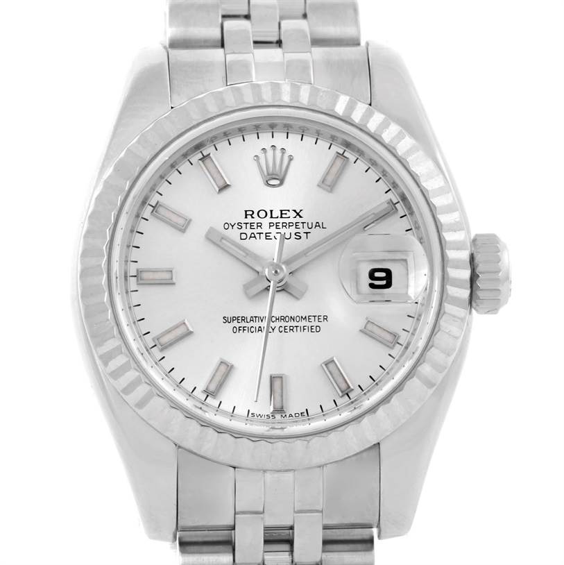 The Rolex Datejust 179174 Women
s Stainless Steel Silver Dial 179174 Women
s Stainless Steel Silver Dial watch is shown from a front angle, highlighting the dial, bezel, crown, and part of the bracelet.