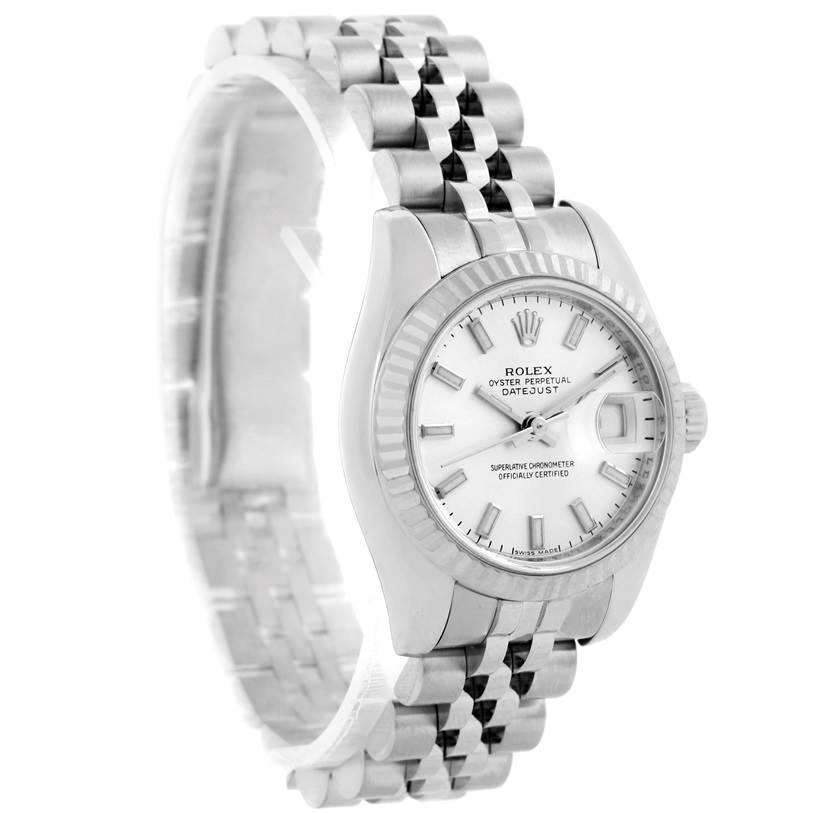 The image shows a Rolex Datejust 179174 Women
s Stainless Steel Silver Dial 179174 Women
s Stainless Steel Silver Dial watch from a front angle, highlighting its dial, bezel, and bracelet.