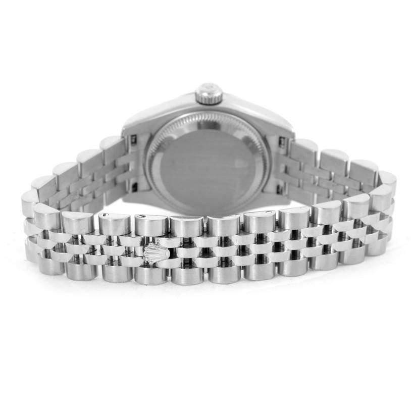 This image shows the back view of a Rolex Datejust 179174 Women
s Stainless Steel Silver Dial 179174 Women
s Stainless Steel Silver Dial watch, focusing on the case back and Jubilee bracelet.