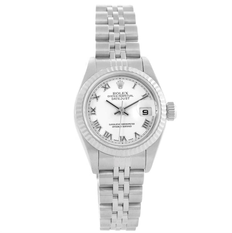 This image shows a front view of the Rolex Datejust 79174 Women's Stainless Steel White Dial 79174 Women's Stainless Steel White Dial watch, displaying its bracelet, dial, and date window.