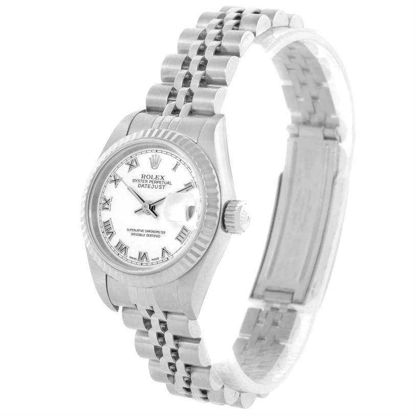 The image shows a Rolex Datejust 79174 Women's Stainless Steel White Dial 79174 Women's Stainless Steel White Dial watch at a slight angle, highlighting the face, crown, and Jubilee bracelet.