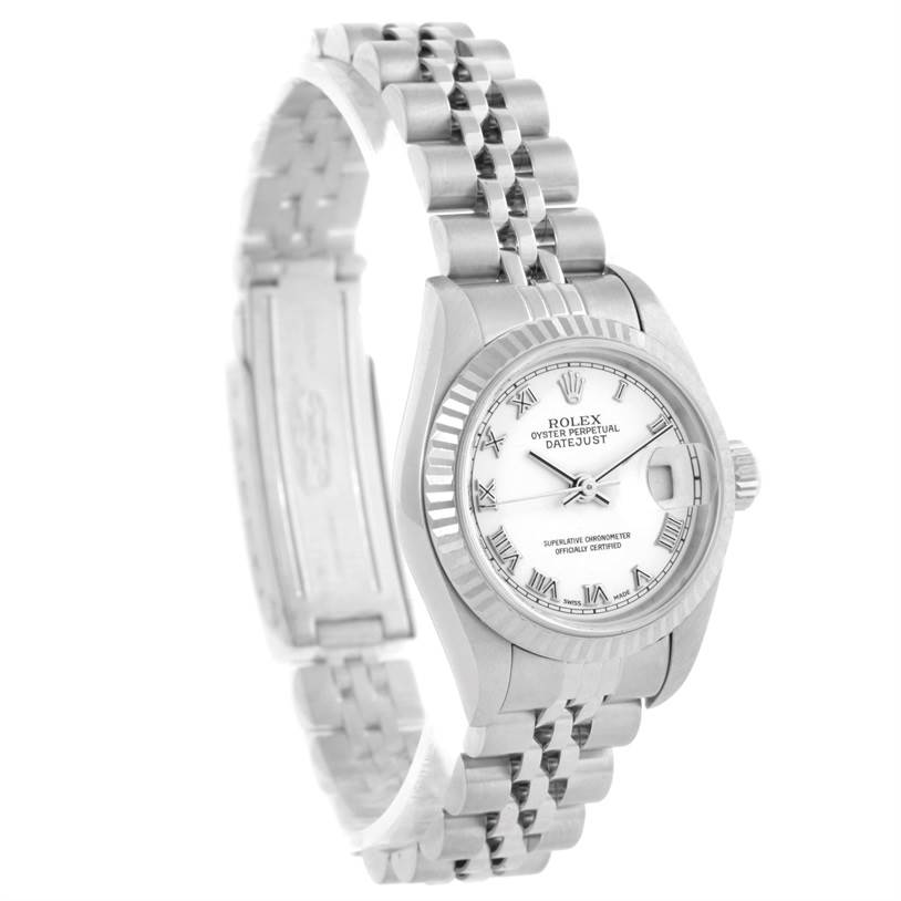 The image shows a Rolex Datejust 79174 Women's Stainless Steel White Dial 79174 Women's Stainless Steel White Dial watch from an angled front view, displaying its face, bezel, and bracelet.