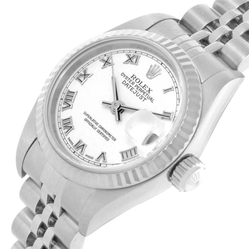 This image shows a close-up, angled view of the dial, bezel, crown, and part of the bracelet of the Rolex Datejust 79174 Women's Stainless Steel White Dial 79174 Women's Stainless Steel White Dial.