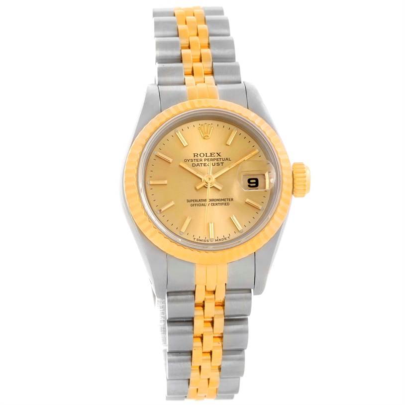 The image shows a frontal view of a Rolex Datejust 69173 Women's Stainless Steel Champagne Dial 69173 Women's Stainless Steel Champagne Dial watch featuring a yellow dial, gold bezel, and a gold and silver Jubilee bracelet.