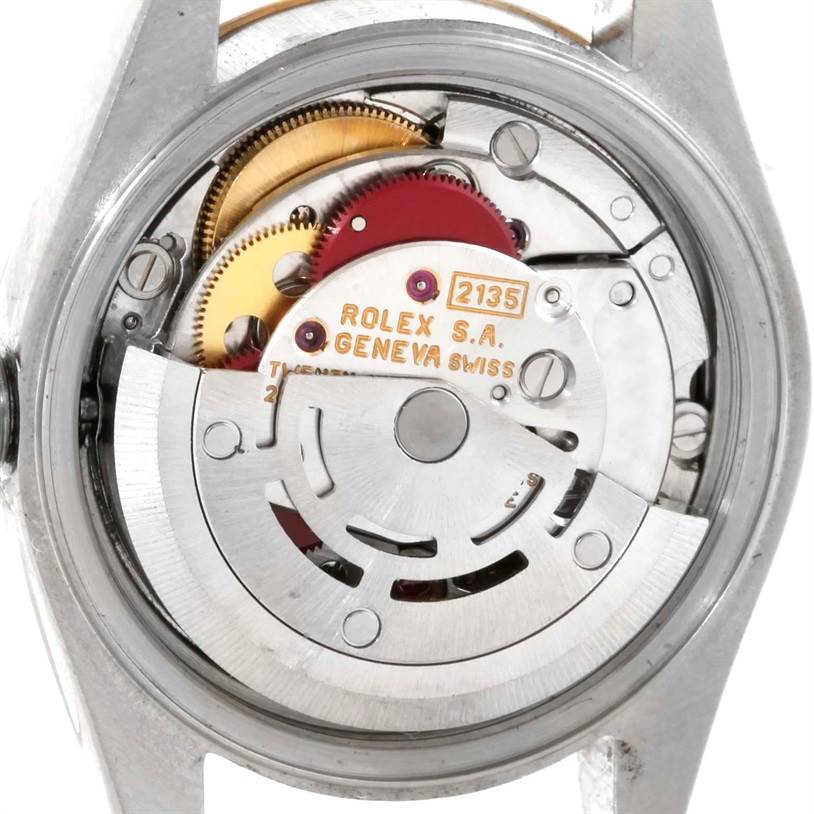 This image shows the internal mechanism, or movement, of a Rolex Datejust 69173 Women's Stainless Steel Champagne Dial 69173 Women's Stainless Steel Champagne Dial watch viewed from the back.